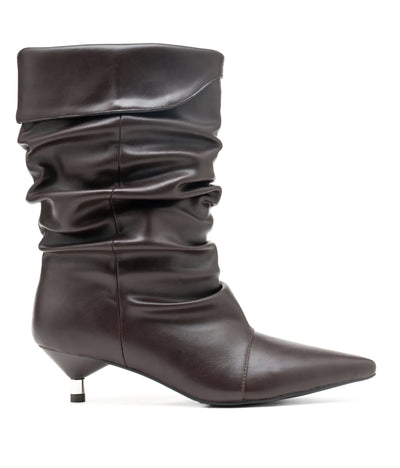 Brun plissee Stiefel aus Kunstleder - niedriger Stilettoabsatz