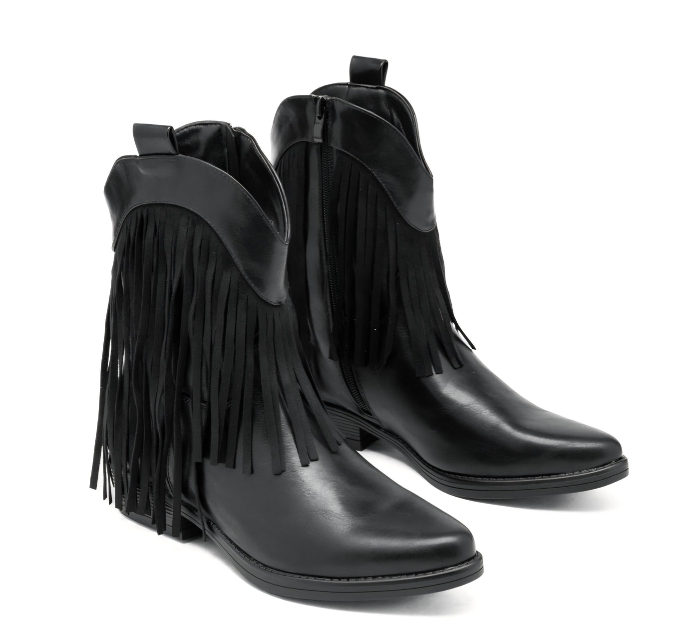 Schwarze Stiefel aus Kunstleder mit Wildlederfransen