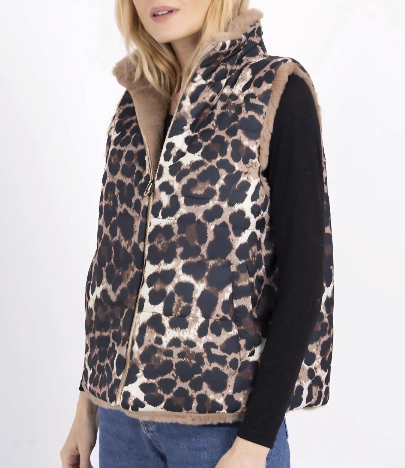 Doppelseitig leopardmusterter Weste Camel