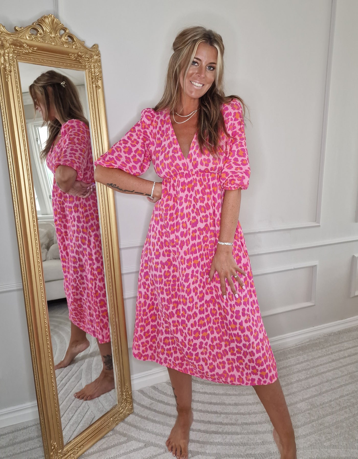 Baumwoll-Gaze-Kleid Rosa Leopard