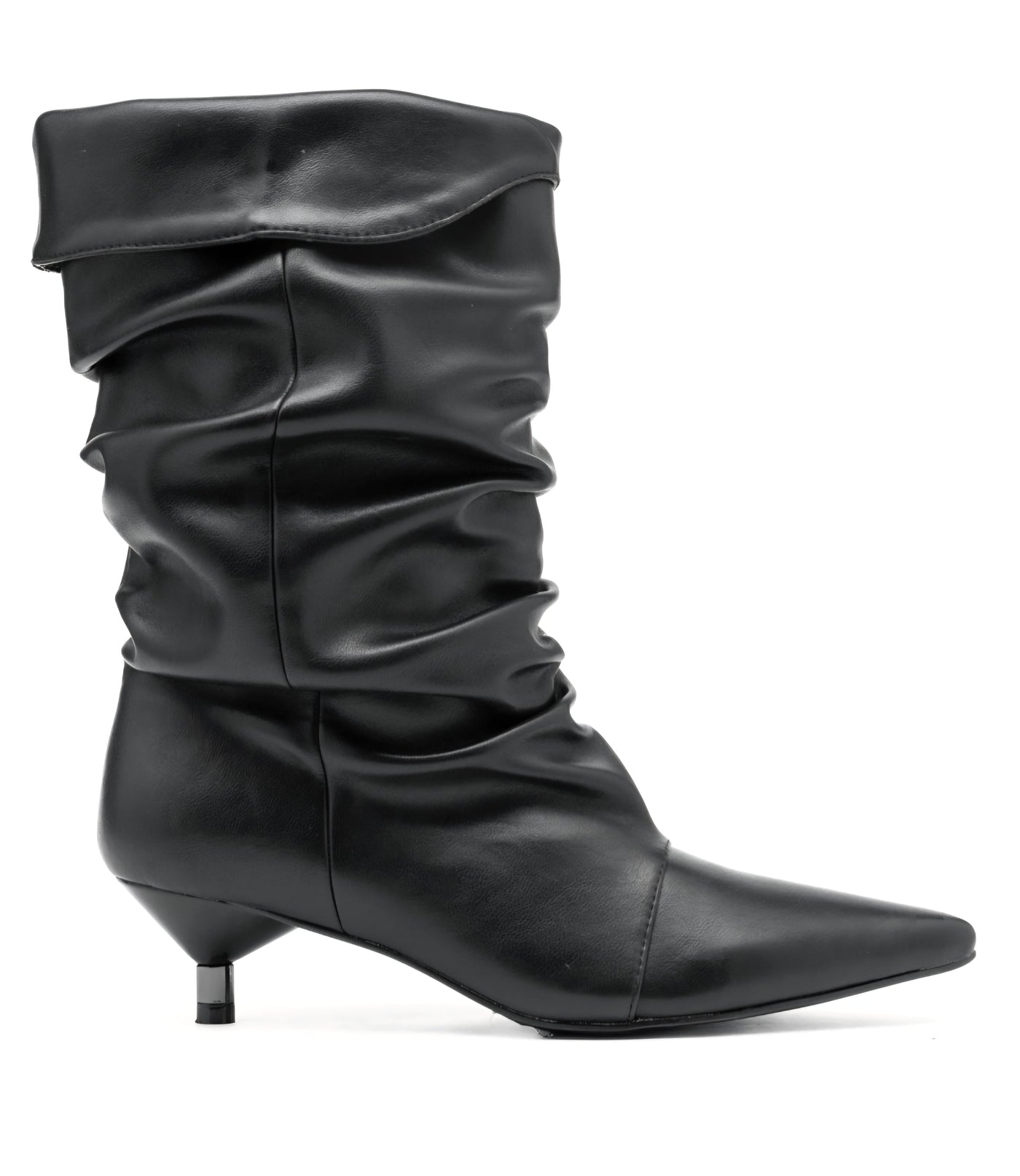 Schwarze plissierte Stiefel aus Kunstleder - niedriger Stilettoabsatz