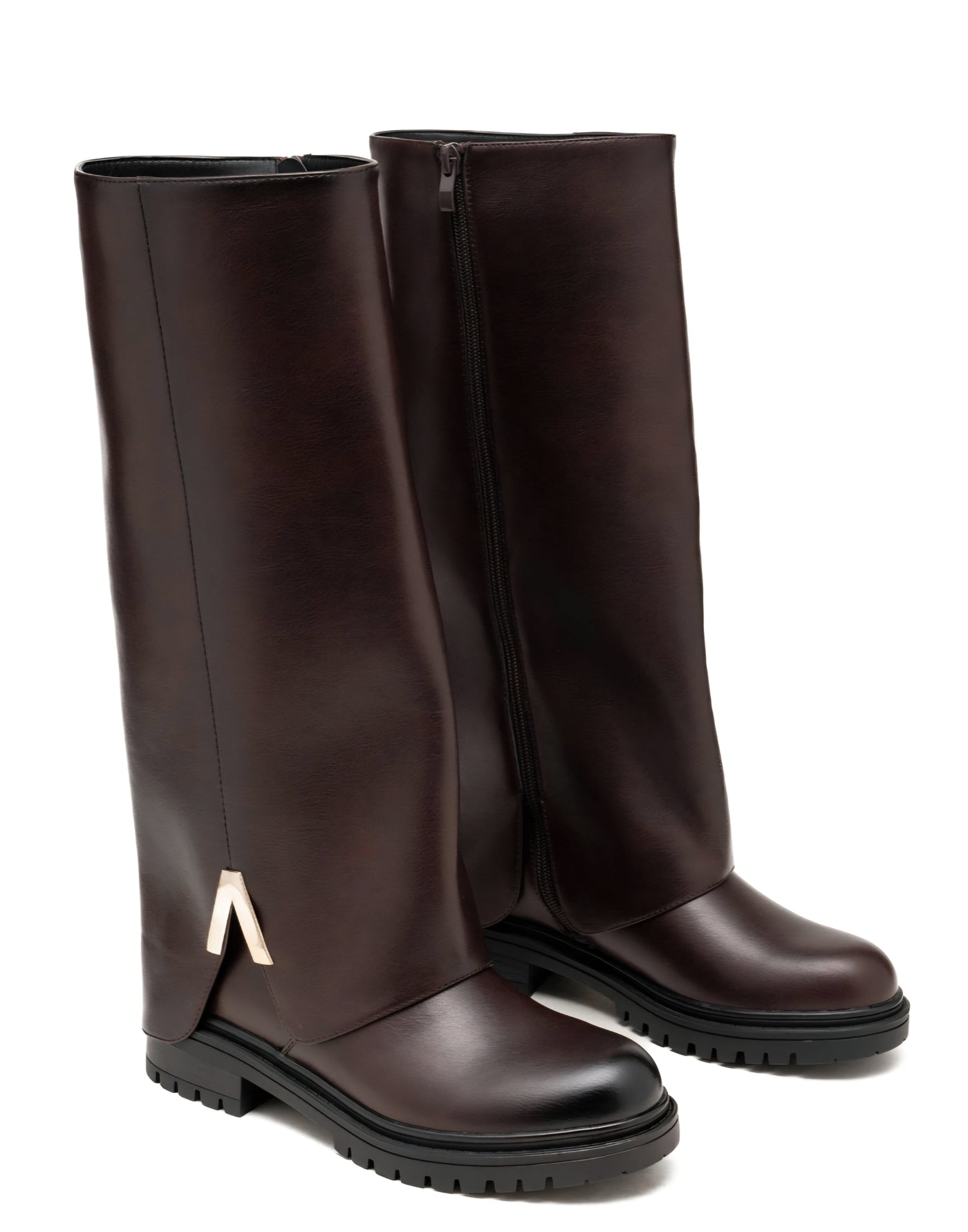 Knielange Dam-Stiefel aus Kunstleder in Kaffee