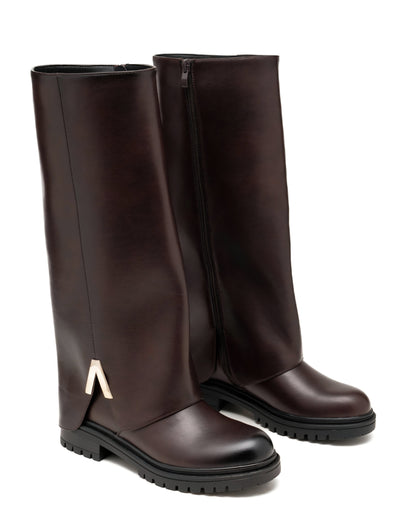 Knielange Dam-Stiefel aus Kunstleder in Kaffee