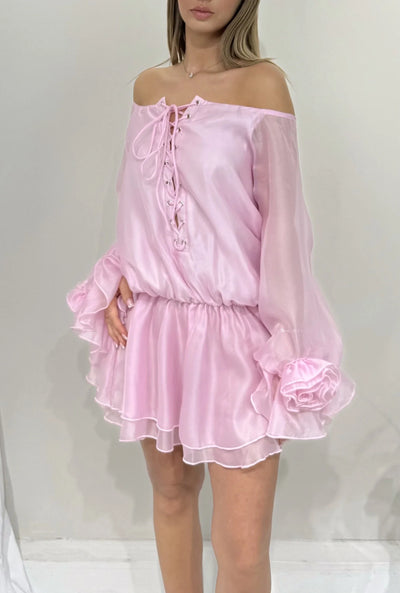 Kurzes Kleid mit Spitze und Blumen Rosa