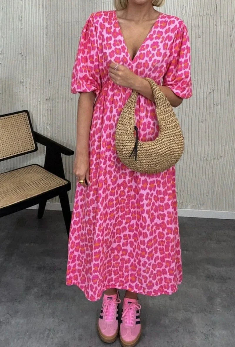 Baumwoll-Gaze-Kleid Rosa Leopard