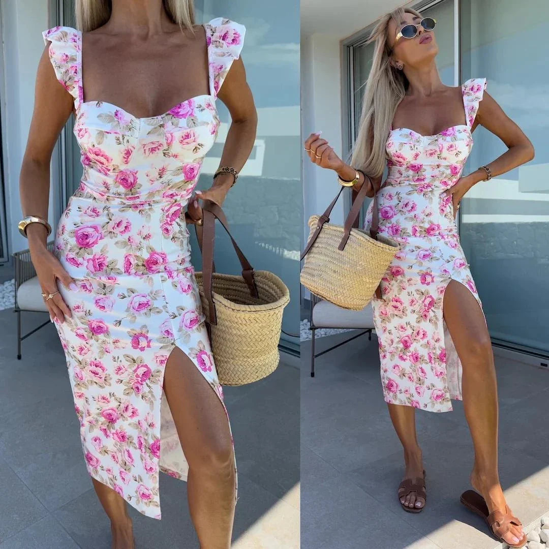 Langes Kleid mit Blumenmuster Weiß