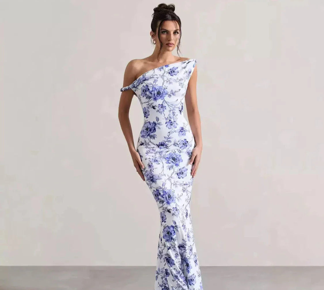 Blumiges langes Kleid Blau