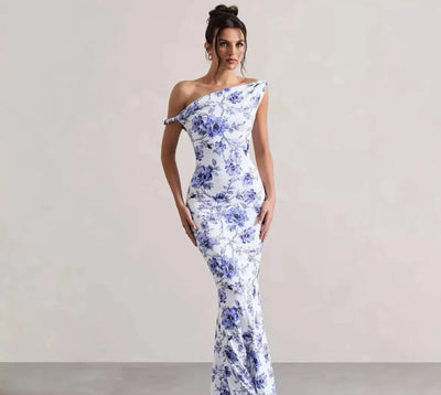 Blumiges langes Kleid Blau